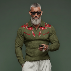 Men's Casual Western Rugged Style Embroidered Faux Suede Long-Sleeve Polo Shirt MTA2786K2K