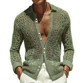 Men's Retro Casual Hollow Knit Lapel Long Sleeve Shirt MTA2892G7TO
