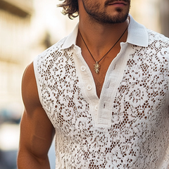 Men's Fashion Lace Lapel Sleeveless Casual Tank Top MTA1217E3Z
