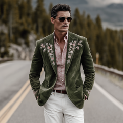 Men's Classic Retro Western Style Suede Embroidered Single-breasted Blazer MTA1278H1K