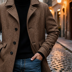 Men's Herringbone Vintage-style Mid-length Coat MTA1993K6X