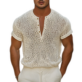 Men's Solid Knit Hollow Henley Collar Short Sleeve T-shirt MTA1643F1Z