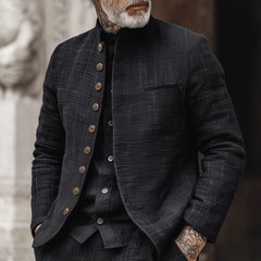 Men's Woven Textured Plaid Stand Collar Single-Breasted Jacket MTA2897H4Z