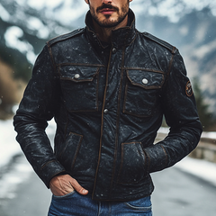 Men's Retro Solid Color Stand Collar Multi-Pocket PU Leather Jacket MTA0580K2X