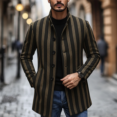 Men's Blended Stand-up Collar Striped Printed Button Mid-length Coat MTA0100K5X