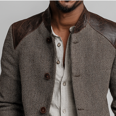 Men's Retro Casual Herringbone Tweed Patchwork PU Stand Collar Button Jacket MTA0197K0TO