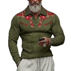 Men's Casual Western Rugged Style Embroidered Faux Suede Long-Sleeve Polo Shirt MTA2786K2K