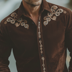 Men's Classic Retro Western Style Tough Guy Embroidered Faux Suede Long-sleeved Shirt MTA1761K6K