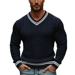 Men's Knitted Color-blocked V-neck Cable Knit Pullover Sweater MTA1319K1X