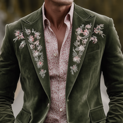Men's Classic Retro Western Style Suede Embroidered Single-breasted Blazer MTA1278H1K