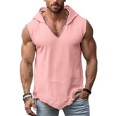 Men's Retro Casual Solid Color Linen Raw Edge Hooded Tank Top MTA2534F3TO