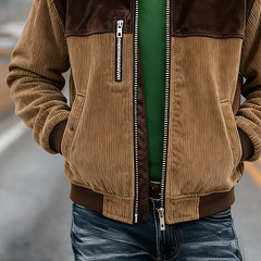 Men's Retro Color Block Faux Suede Corduroy Zip-Up Jacket MTA1165K8X