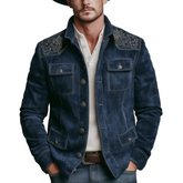 Men's Classic Retro Western Style Embroidered Stand Collar Faux Suede Multi-Pocket Jacket MTA2401K4K