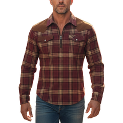 Men's Retro Plaid Faux Suede Appliqué Cotton Blend Half-Zip Shirt MTA2021K9P