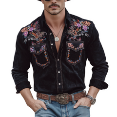 Men's Classic Retro Western Style Embroidered Faux Suede Long-sleeved Shirt MTA0118L6K