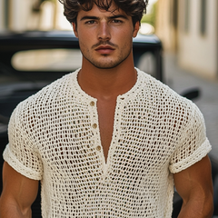 Men's Solid Knit Hollow Henley Collar Short Sleeve T-shirt MTA1643F1Z