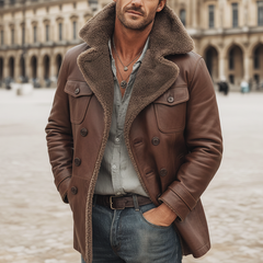 Men's Warm PU Leather And Lamb Wool Lining Double-breasted Short Coat MTA1228K4U