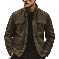 Men's Classic Casual Western Style Stand Collar Multi-Pocket Washed Twill Cotton Jacket MTA2961K1K