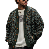 Men's Vintage Leopard Jacquard Colorblock Single Breasted Cardigan 23865460Y
