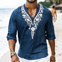 【24-hour shipping out】Men's Vintage Casual Embroidered Cotton and Linen Henley Collar Long Sleeve Shirt 39916816TO