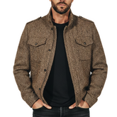 Men's Classic Stand-up Collar Herringbone Faux Wool Zip-up Snap-button Jacket MTA1893K4U