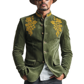 Men's Classic Retro Stand Collar Embroidered Faux Velvet Slim Fit Jacket MTA0401L4K