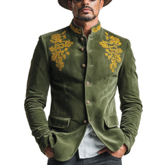 Men's Classic Retro Stand Collar Embroidered Faux Velvet Slim Fit Jacket MTA0401L4K