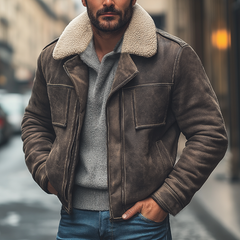 Men's Winter Suede Patchwork Lamb's Wool Collar Zip-up Jacket Jacket MTA0389K2U