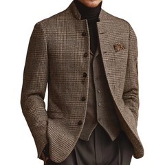 Men's Retro Casual Tweed Plaid Stand Collar Jacket MTA1165K3TO