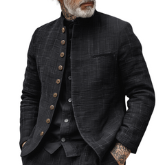 Men's Woven Textured Plaid Stand Collar Single-Breasted Jacket MTA2897H4Z