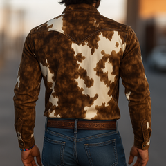 Men's Retro Casual Western Style Cow Print Suede Lapel Long Sleeve Shirt MTA1964H9TO