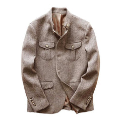 Men's Vintage Herringbone Fabric Stand Collar Multi-Pocket Safari Jacket 74248093Y