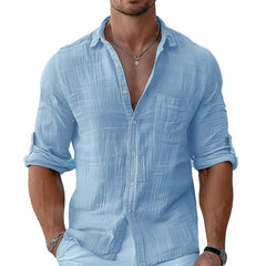 Men's Solid Color Cotton and Linen Lapel Long-sleeved Shirt 00843185X