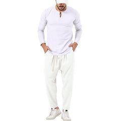 Men's Solid Color Casual Long Sleeve Henley T-Shirt Trouser Set 72706978X