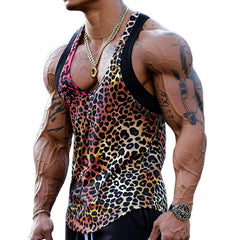 【CLEARANCE】Men's Sexy U-Neck Leopard Print Cotton Blend Patchwork Tank Top 03756297M