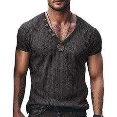 Men's Casual Solid Color Pit Article Fabrics V-Neck Short Sleeve T-Shirt 89136914Y