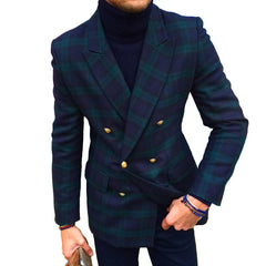 Men's Vintage Plaid Notch Lapel Double-Breasted Flap Pockets Blazer 20584917M