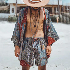 Men's Vintage Print Beach Loose Cardigan Shorts Set 21232142Y