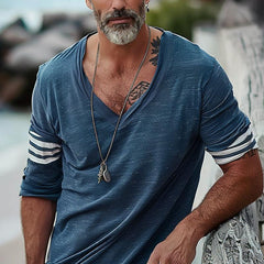 Men's Loose V-Neck Striped Patchwork Cotton Long-Sleeved T-Shirt 66090274Y