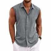 Men's Solid Color Lapel Cotton and Linen Sleeveless Shirt 33989351TO