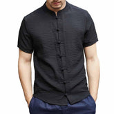 Men's Vintage Stand Collar Cotton Linen Short Sleeve Shirt 40504441M