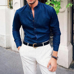 Men's Solid Color Stand Collar Button-Down Long Sleeve Shirt 71057039X