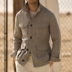Men's Vintage Classic Check Multi Pocket Single Breasted Lapel Long Sleeve Jacket 94035140M