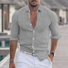 Men's Casual Solid Color Lapel Cotton Blend Long Sleeve Shirt 21280669Y