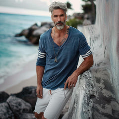 Men's Loose V-Neck Striped Patchwork Cotton Long-Sleeved T-Shirt 66090274Y