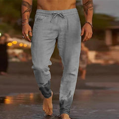 【24-hour shipping out】Men's Casual Solid Color Cotton Blend Drawstring Elastic Waist Loose Beach Pants 31939183M