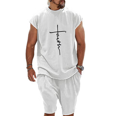 Men's Vintage Cross Print Round Neck T-Shirt Shorts Set 73332092X