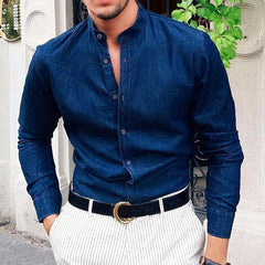 Men's Solid Color Stand Collar Button-Down Long Sleeve Shirt 71057039X
