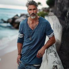 Men's Loose V-Neck Striped Patchwork Cotton Long-Sleeved T-Shirt 66090274Y