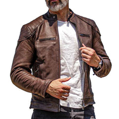 Men's Vintage Biker Stand Collar Zipper Leather Jacket 50349330X